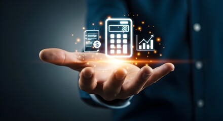 A person holds financial icons representing calculator, smartphone with dollar sign, and a rising graph, symbolizing financial management and growth.