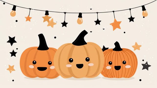 Cartoon pumpkins and festive decorations on a cream colored background