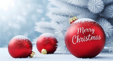 Festive red christmas ornaments with snow and a merry christmas greeting