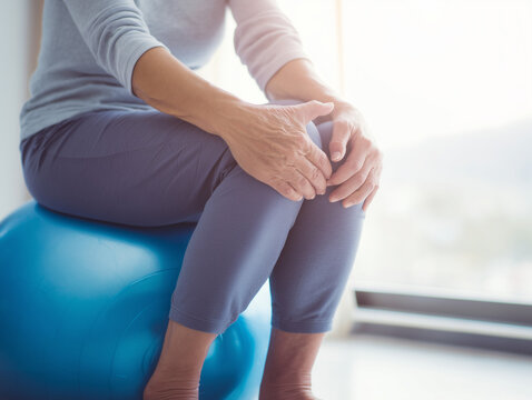 Elderly woman's hands resting on knee while sitting on blue fitness ball, close-up.
