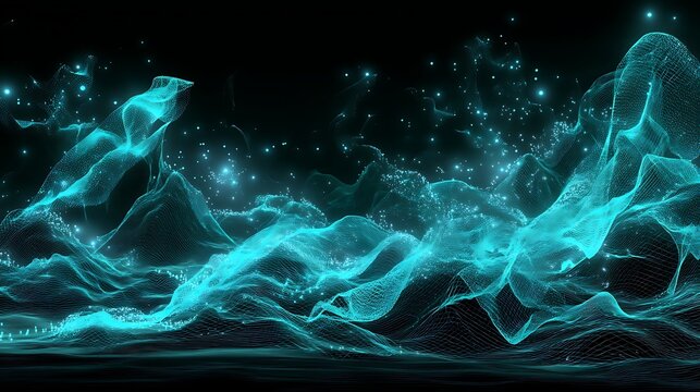 A mesmerizing digital landscape featuring ethereal blue waves and stars, set against a dark backdrop.