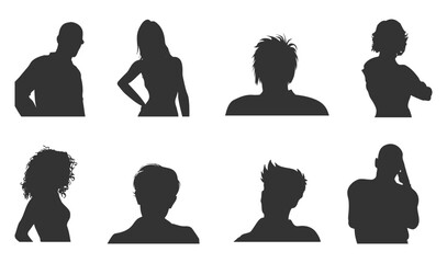 Diverse Human Silhouette Heads &ndash; Male and Female Profile Icons with Various Hairstyles for Identity, Avatar, Profile, and Creative Design Use
