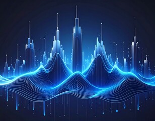 A stylized blue cityscape with abstract wave-like formations