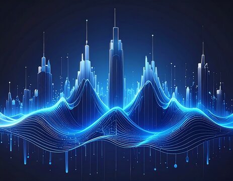 A stylized blue cityscape with abstract wave-like formations
