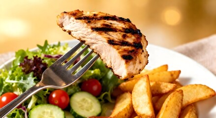 grilled chicken steak slice,close up on fork, with vegetable salad and fry potato