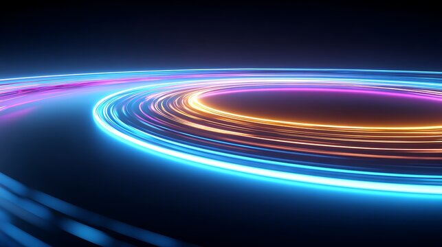 Futuristic neon circular circuit pattern on vibrant digital tech background - Powered by Adobe