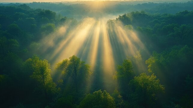 Sunrise rays pierce morning mist over lush forest