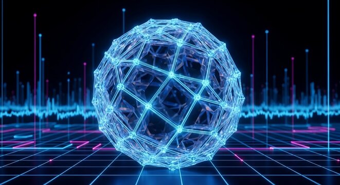 Futuristic Digital Geometric Sphere with Neon Network Lines or data Network