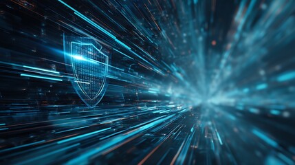 A shield symbolizing cybersecurity is superimposed on a dynamic, high-tech digital tunnel, symbolizing the protection and security of digital data.