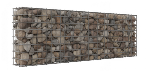 Gabion wall filled with river stones isolated on a transparent background