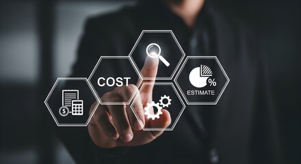 A person in a suit interacts with a digital interface showing cost, estimate, and gears, representing business analysis.
