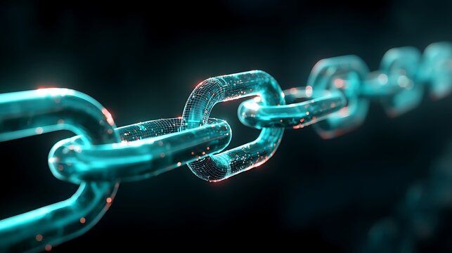 A metallic chain with glowing links, set against a dark background.