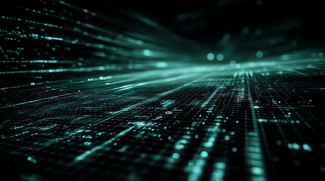 A futuristic, digital grid with glowing, pixelated lines and a dark, abstract background.