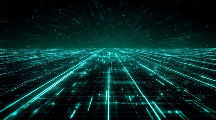 A digital landscape with glowing lines and particles, set against a dark background.