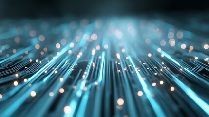 A complex circuit board with blue lights and bokeh effects, showcasing advanced technology and data processing.
