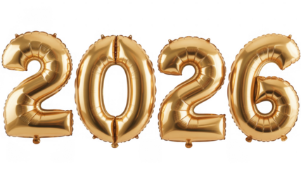 Gold 2026 number balloons isolated on a transparent background 1