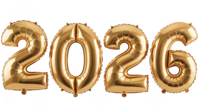Gold 2026 number balloons isolated on a transparent background 1