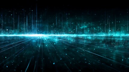 A vibrant, high-tech cityscape illuminated by neon lights and glowing particles, set against a dark, starry sky.