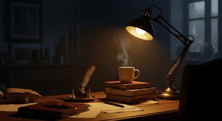 Obraz premium Steaming cup on book stack illuminated by vintage desk lamp