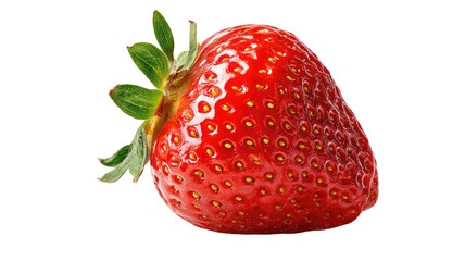 A single fresh, ripe red strawberry with a green leaf is isolated on a white background for a healthy dessert macro closeup