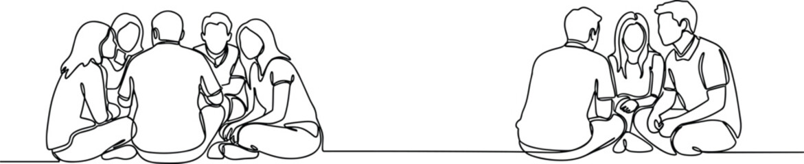 Group discussion illustration, continuous line people talking, teamwork conversation concept, community communication scene, social interaction minimal drawing