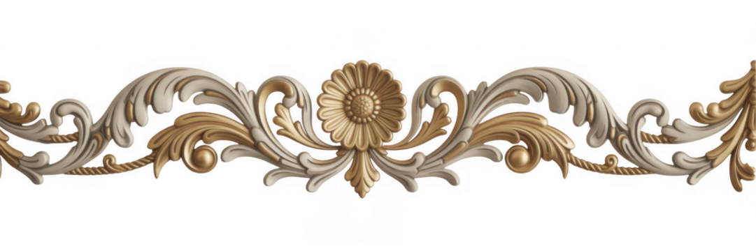 Gold and white ornate floral scrollwork isolated on a transparent background - Powered by Adobe
