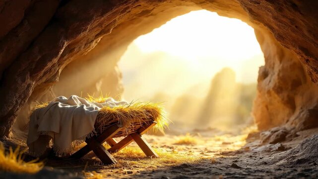 Empty wooden manger with straw in a rocky cave illuminated by bright sunlight rays. Christian Nativity scene representing the birth of Jesus. Biblical Christmas concept with divine light
