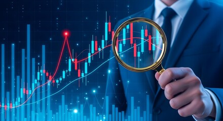 A businessman in a suit examines a stock market chart with a magnifying glass, highlighting financial analysis and investment trends.