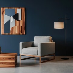 Modern interior design featuring a gray armchair against a navy wall with wood accents