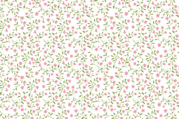 A seamless floral pattern featuring delicate pink blossoms and soft green leaves on a white background, creating a light, fresh, and elegant design.
