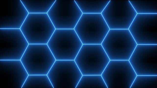 sci-fi technology interface with blue hexagonal cells. abstract futuristic blue neon hexagon pattern background. seamless repeating blue geometric polygon backdrop. 