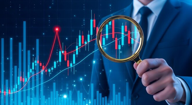 A businessman in a suit examines a stock market chart with a magnifying glass, highlighting financial analysis and investment trends.