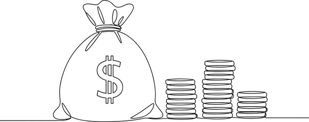 Money bag and coin stacks illustration, financial savings concept, investment growth outline design, banking wealth symbol, economic line art graphic