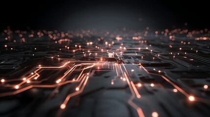 A complex circuit board with glowing orange lights and intricate lines, set against a dark background.