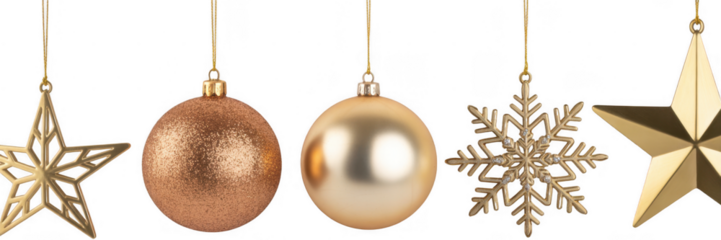 Gold Christmas ornaments stars snowflake baubles isolated on a transparent background