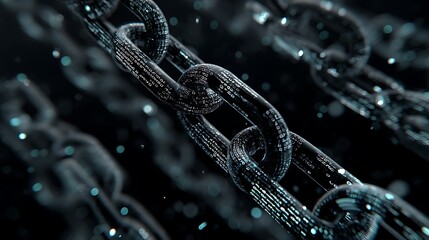 A digital chain with binary code links, representing blockchain technology.