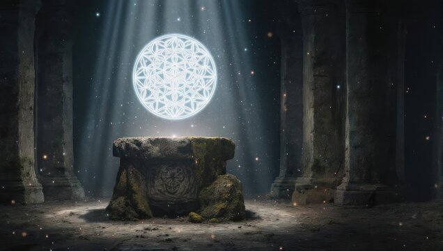 Ancient stone altar with glowing symbol in a dimly lit, cavernous space