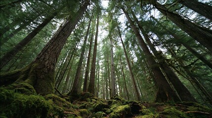 Discover the serene beauty of a lush green forest with towering trees reaching towards the sky, a tranquil nature escape experience