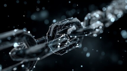 A complex blockchain chain with intricate connections and nodes, set against a dark, abstract background with floating particles.