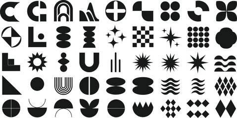 Collection of abstract geometric shapes in black and white for graphic design