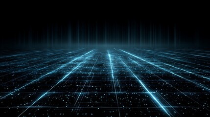 A digital landscape with glowing blue lines and grid patterns, set against a black background.