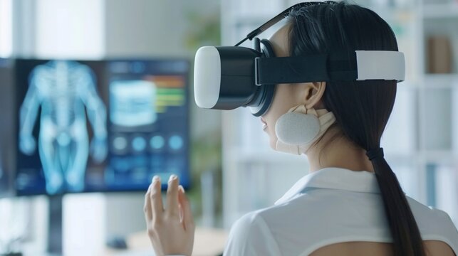 Asian person wearing VR headset examining a medical scan on a screen