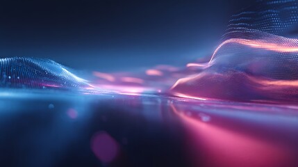 A futuristic, digital landscape with vibrant, neon lights and geometric shapes, set against a dark, starry sky.