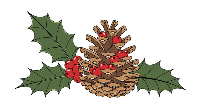 A festive illustration of a natural pinecone decorated with green holly leaves and vibrant red berries for the Christmas holiday season