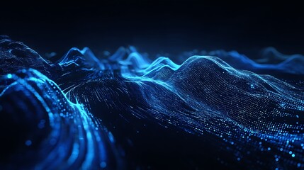 A mesmerizing digital wave of blue particles and lines against a dark background.