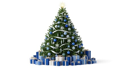 Elegant Christmas tree with blue ornaments and gifts creates festive cheer