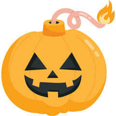 Orange Halloween Pumpkin Bomb With Fuse Burning And Smiling Face on Transparent Background