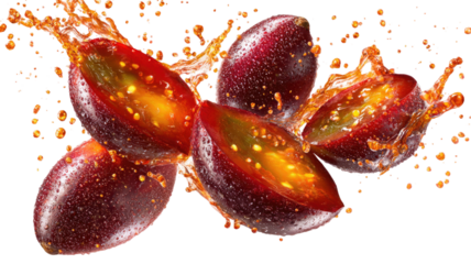 Red and yellow orchid with juicy fresh ripe red cherry and abstract white background