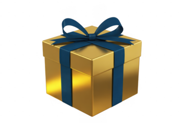 Gold gift box with blue ribbon isolated on a transparent background