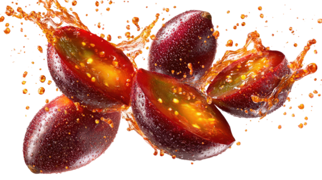 Red and yellow orchid with juicy fresh ripe red cherry and abstract white background